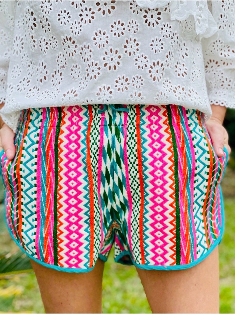 Judith March Multicolor Aztec Stripe Athletic Shorts - Pink/Teal/Green